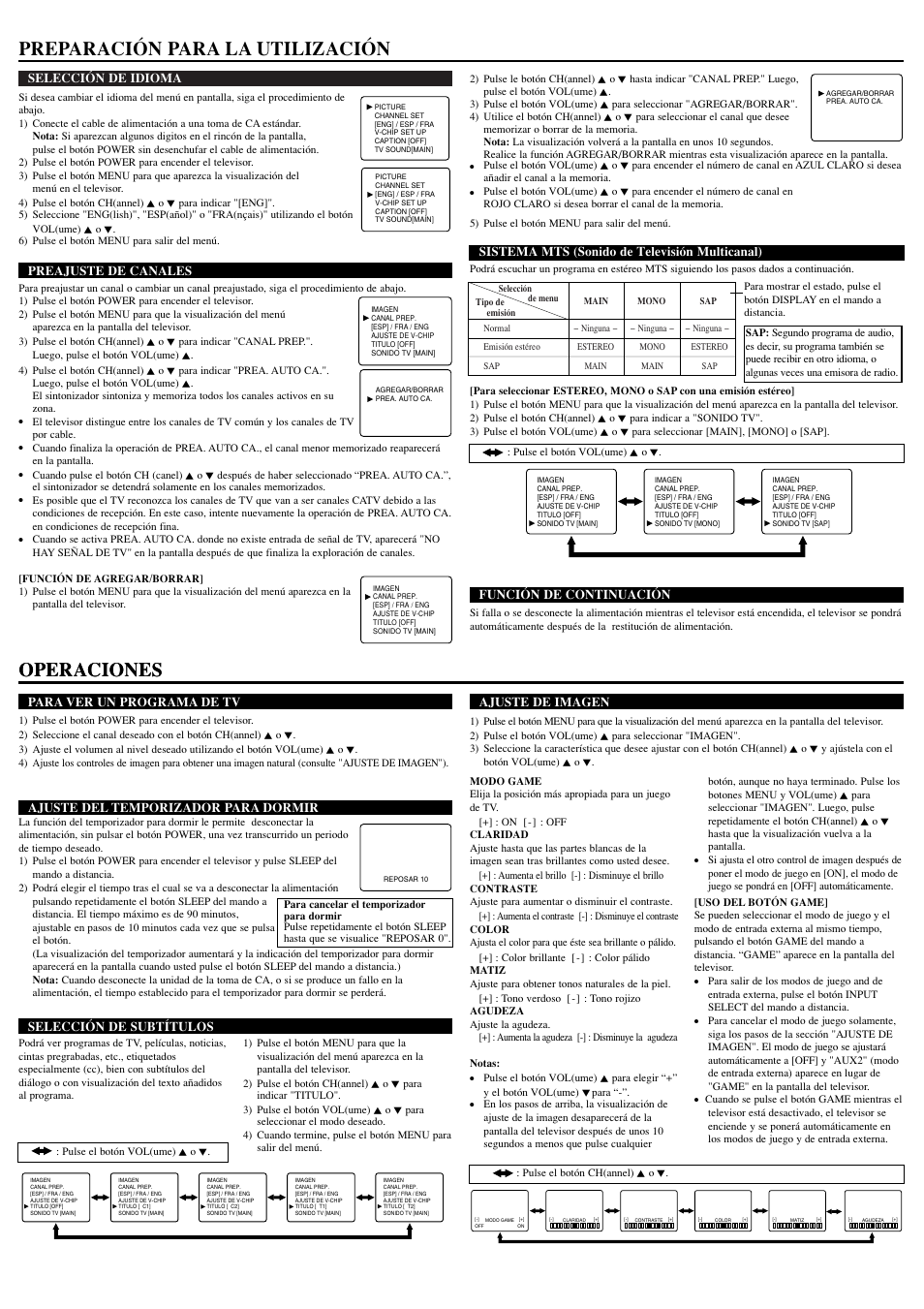 Operaciones, Preparación para la utilización, Selección de idioma | Preajuste de canales, Para ver un programa de tv, Ajuste del temporizador para dormir, Función de continuación, Sistema mts (sonido de televisión multicanal), Selección de subtítulos, Ajuste de imagen | Sylvania RSEF427E User Manual | Page 7 / 8