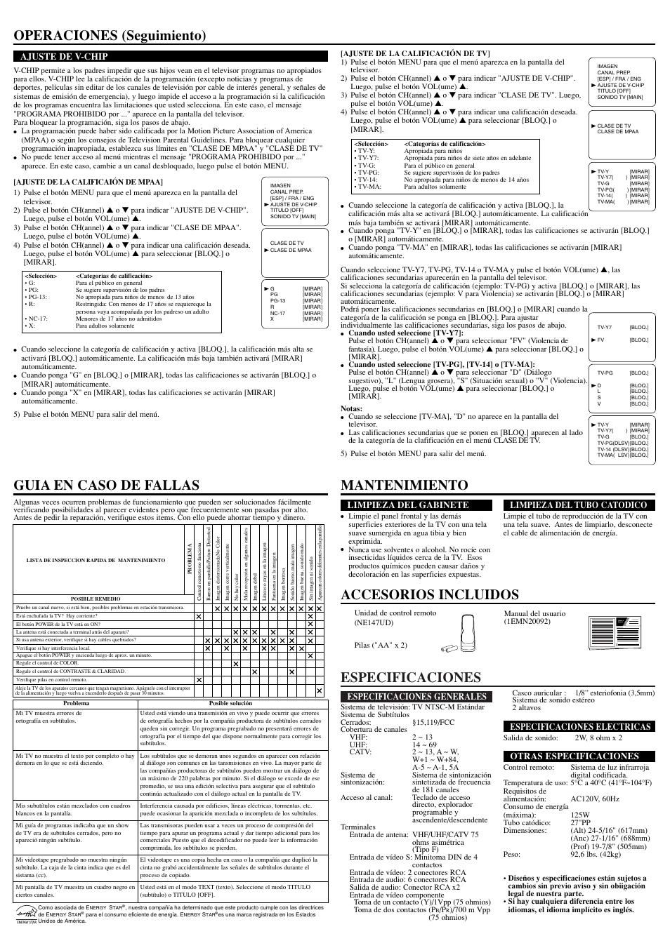 Especificaciones, Operaciones (seguimiento), Especificaciones generales | Especificaciones electricas, Otras especificaciones, Limpieza del gabinete, Limpieza del tubo catodico, Ajuste de v-chip | Sylvania RSEF427E User Manual | Page 8 / 8