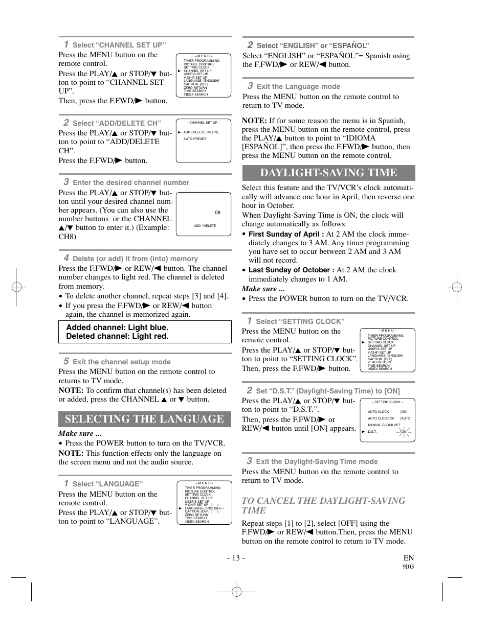 Selecting the language, Daylight-saving time | Sylvania 13 Inch SSC132 User Manual | Page 13 / 32