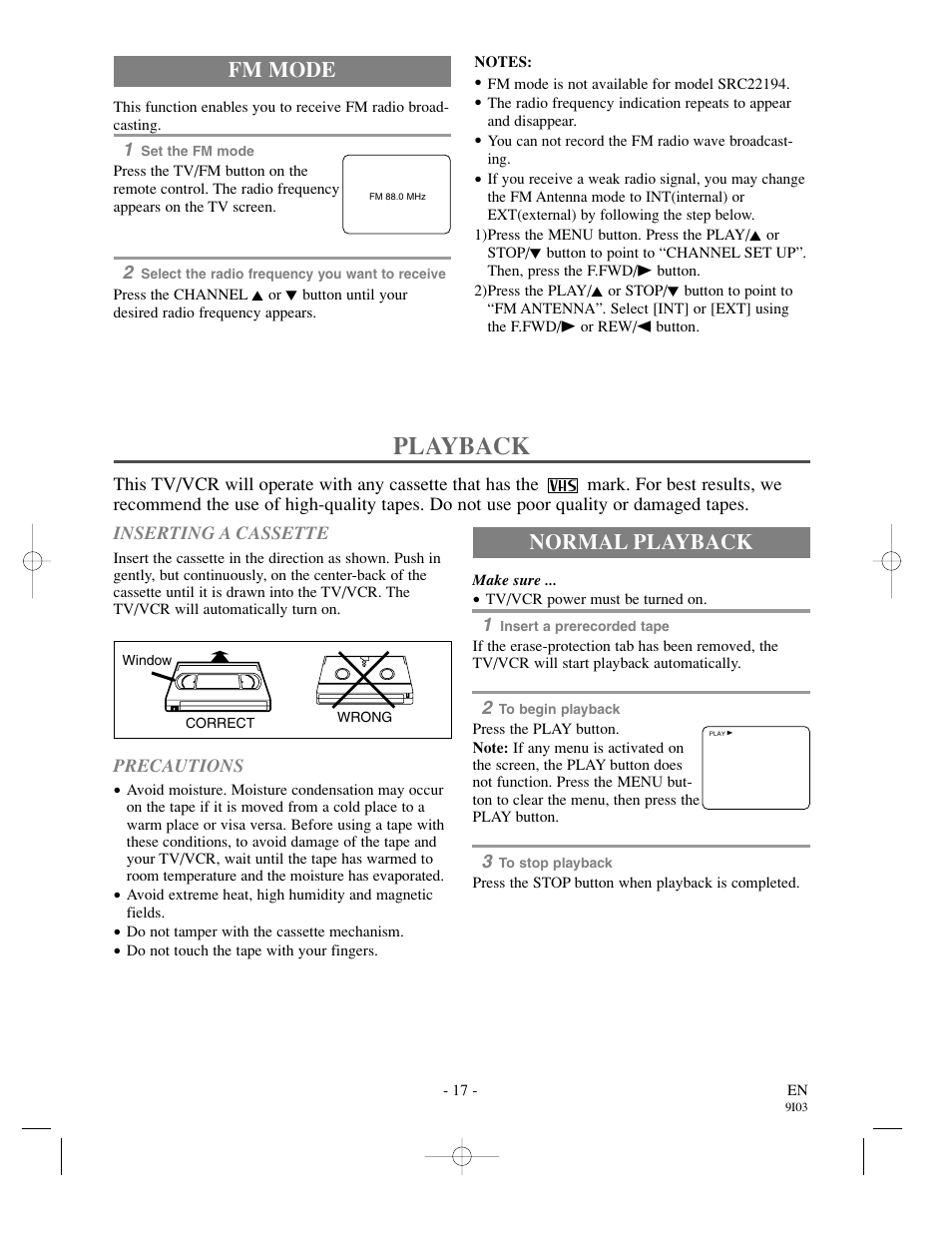 Playback, Fm mode, Normal playback | Sylvania 13 Inch SSC132 User Manual | Page 17 / 32