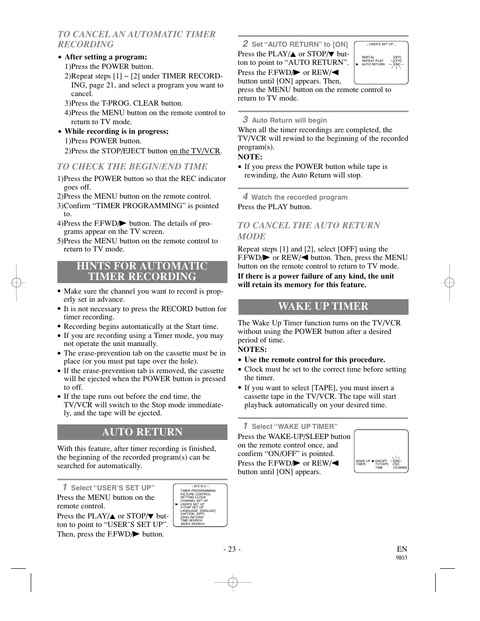 Hints for automatic timer recording, Auto return, Wake up timer | Sylvania 13 Inch SSC132 User Manual | Page 23 / 32