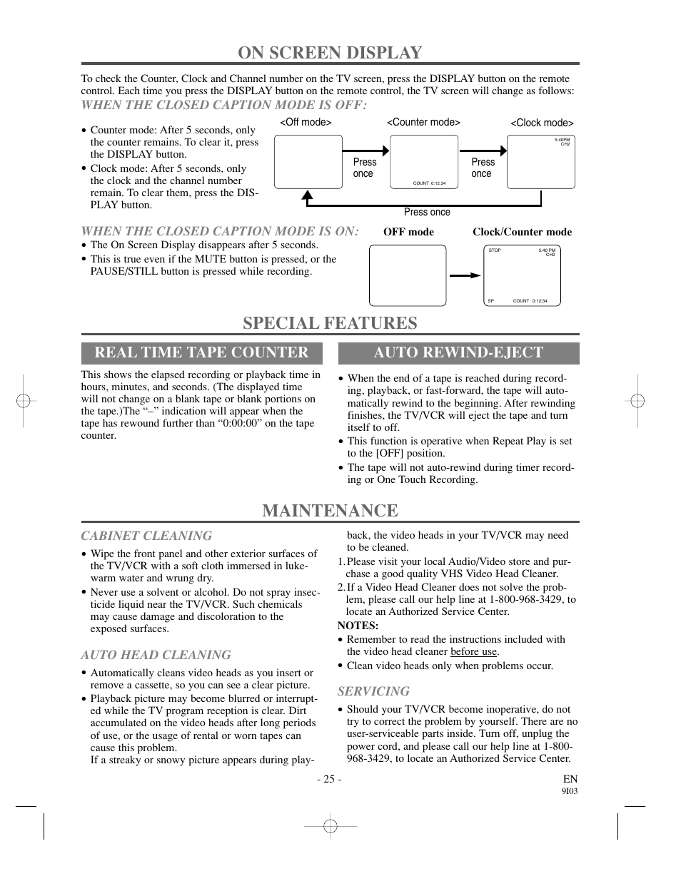 Maintenance, On screen display, Special features | Real time tape counter, Auto rewind-eject | Sylvania 13 Inch SSC132 User Manual | Page 25 / 32