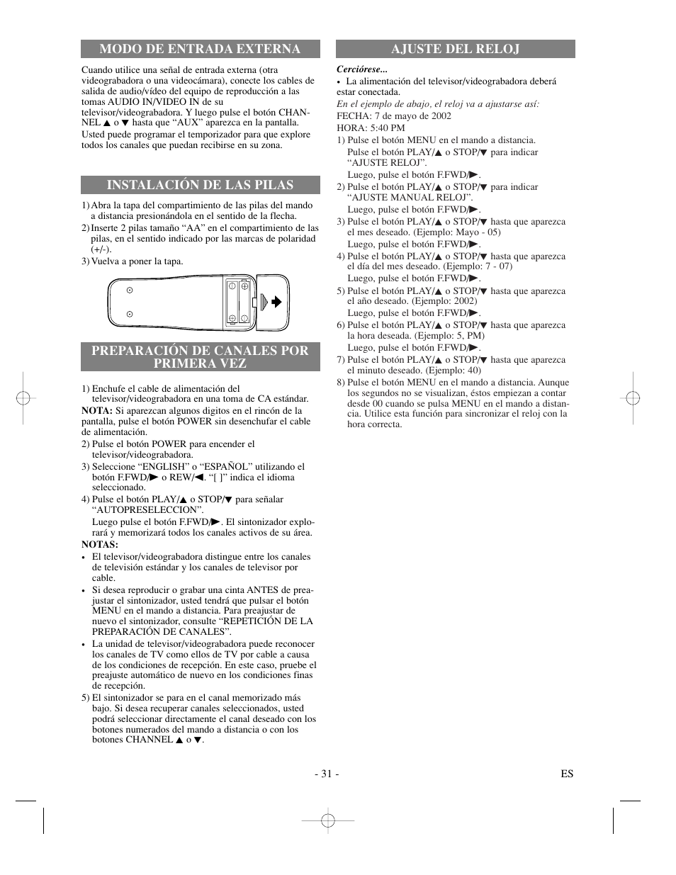 Preparación de canales por primera vez, Ajuste del reloj modo de entrada externa, Instalación de las pilas | Sylvania 13 Inch SSC132 User Manual | Page 31 / 32