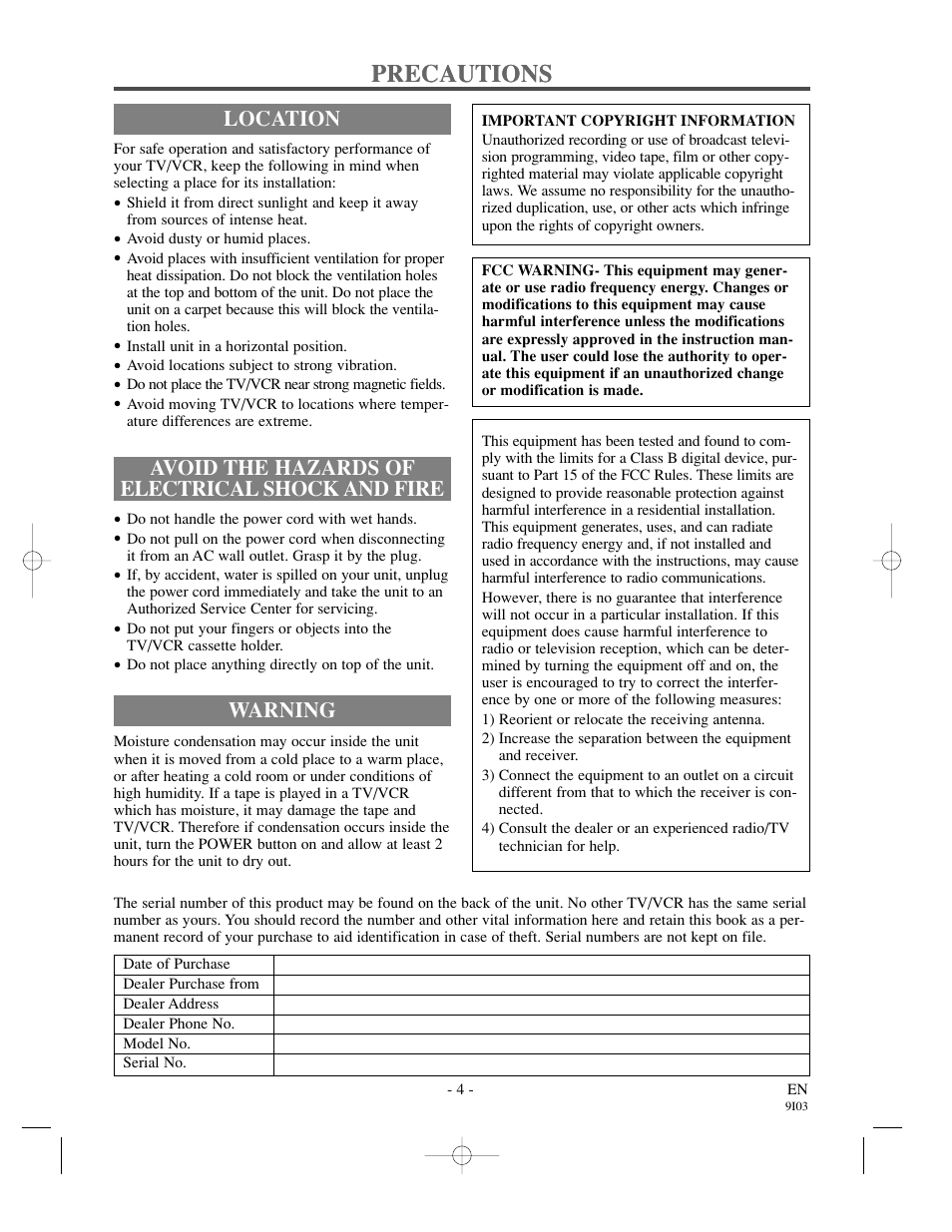 Precautions, Avoid the hazards of electrical shock and fire, Location | Warning | Sylvania 13 Inch SSC132 User Manual | Page 4 / 32