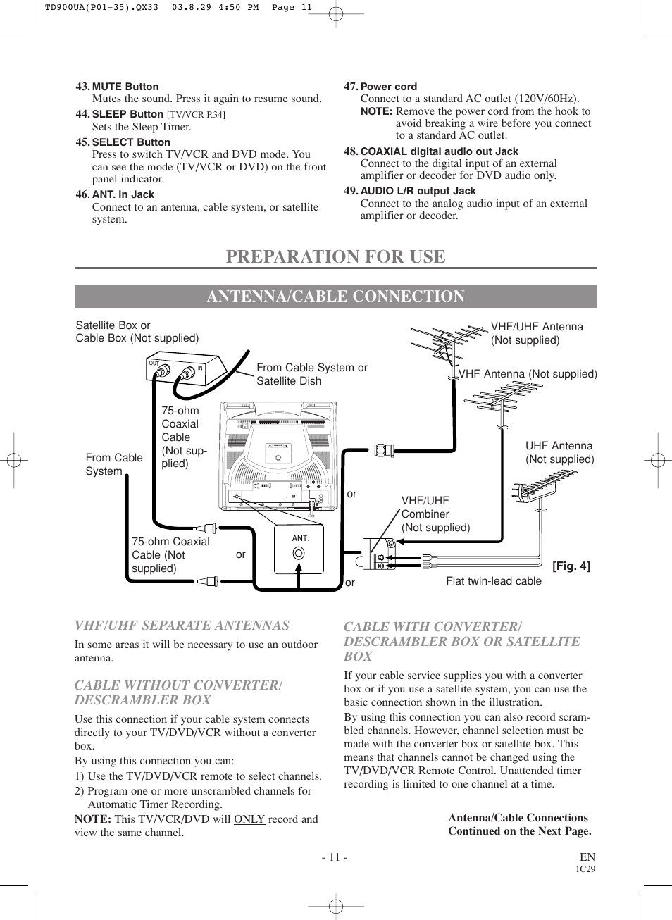 Preparation for use, Antenna/cable connection, Cable without converter/ descrambler box | Vhf/uhf separate antennas | Sylvania 6720FDD User Manual | Page 11 / 56