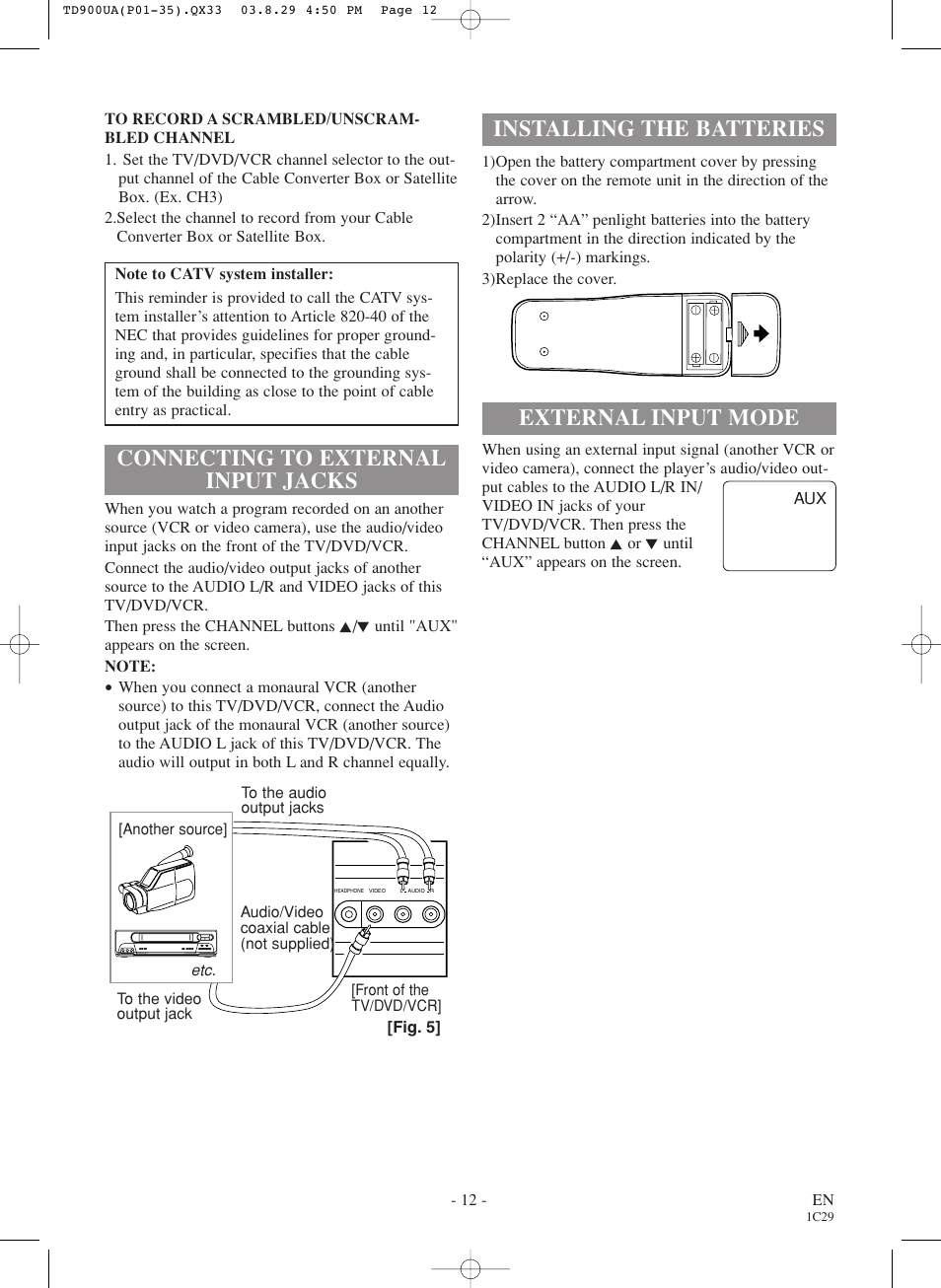 Installing the batteries, External input mode, Connecting to external input jacks | Sylvania 6720FDD User Manual | Page 12 / 56