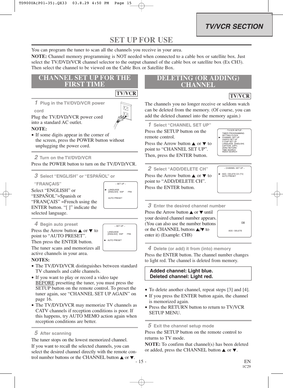 Set up for use, Channel set up for the first time, Deleting (or adding) channel | Sylvania 6720FDD User Manual | Page 15 / 56