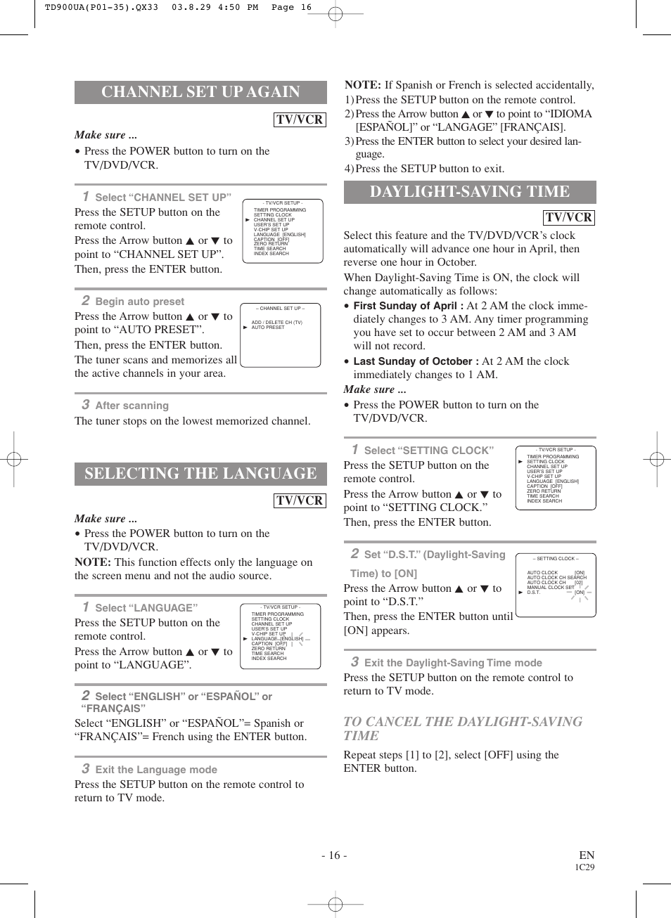 Channel set up again, Selecting the language, Daylight-saving time | Tv/vcr | Sylvania 6720FDD User Manual | Page 16 / 56