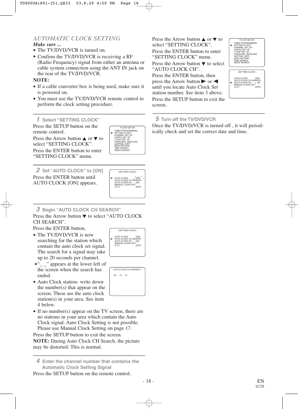 Automatic clock setting, 18 - en, Make sure | The tv/dvd/vcr is turned on | Sylvania 6720FDD User Manual | Page 18 / 56