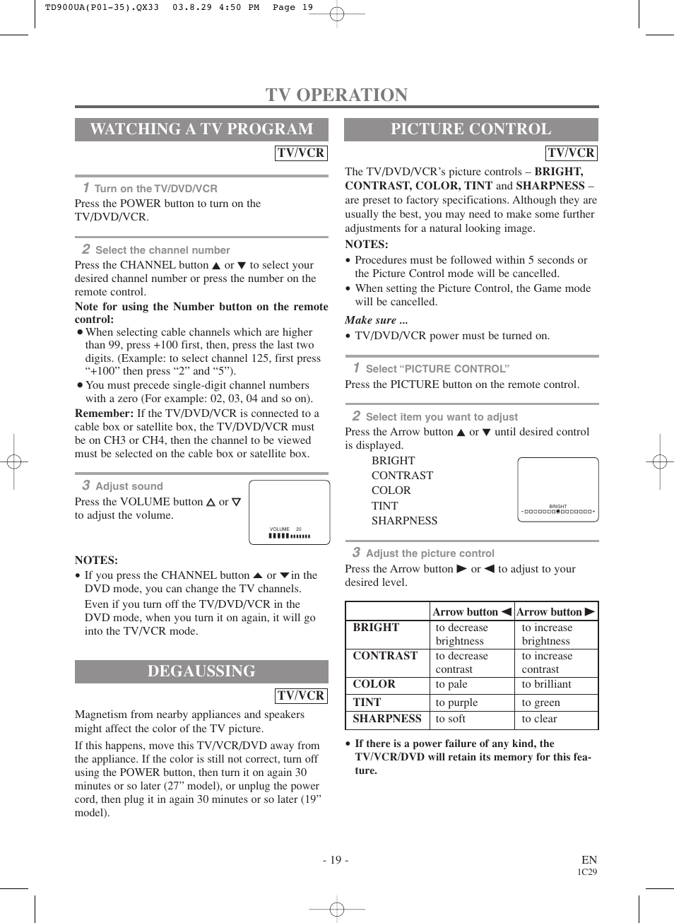 Tv operation, Degaussing, Watching a tv program | Picture control, Tv/vcr | Sylvania 6720FDD User Manual | Page 19 / 56
