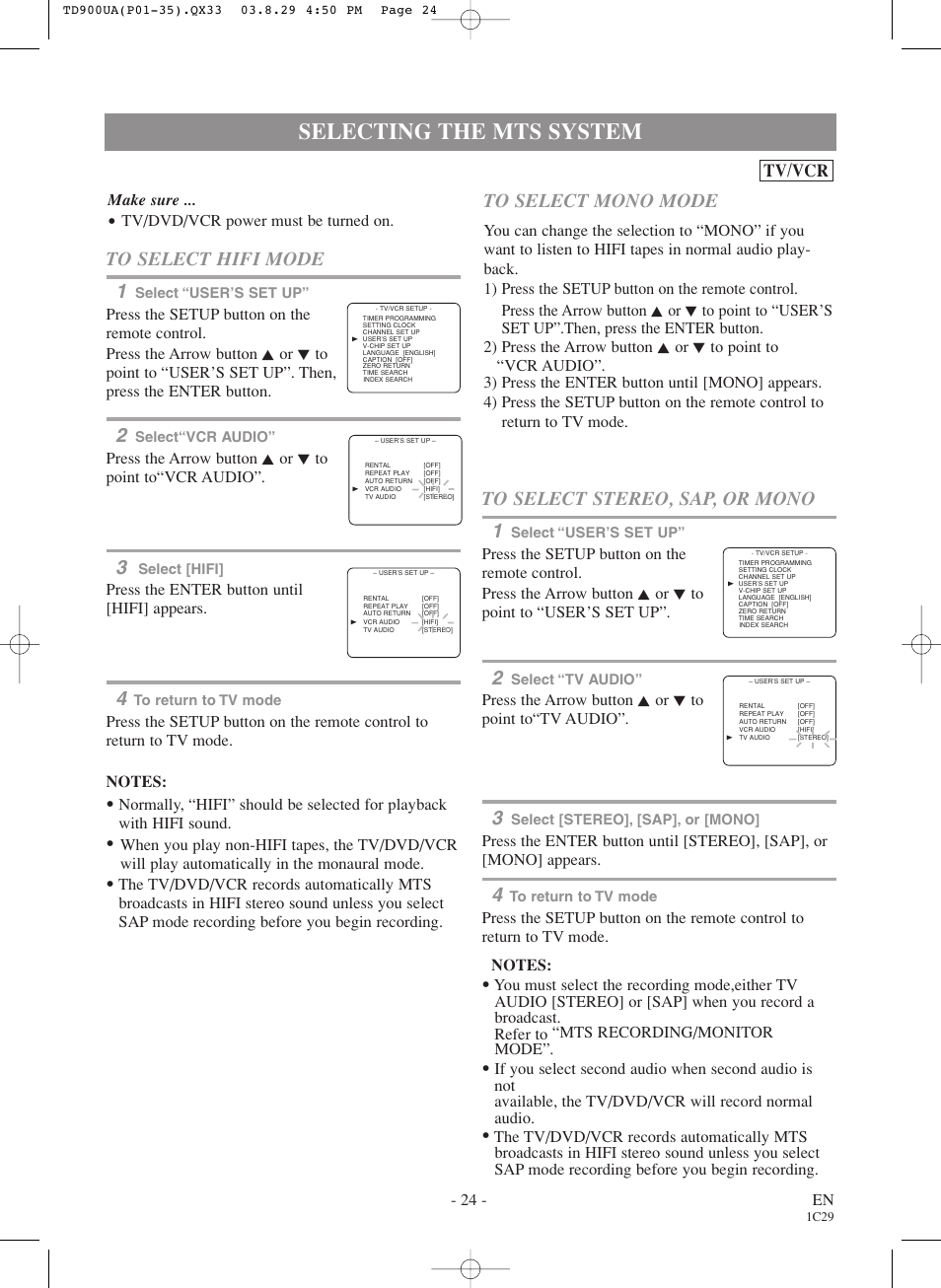 Selecting the mts system, Tv/vcr, 24 - en | Make sure, Tv/dvd/vcr power must be turned on, Press the enter button until [hifi] appears, Press the arrow button k or l to point to“tv audio | Sylvania 6720FDD User Manual | Page 24 / 56