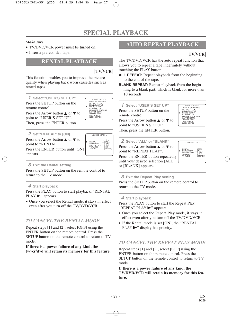 Special playback, Rental playback, Auto repeat playback | Tv/vcr | Sylvania 6720FDD User Manual | Page 27 / 56