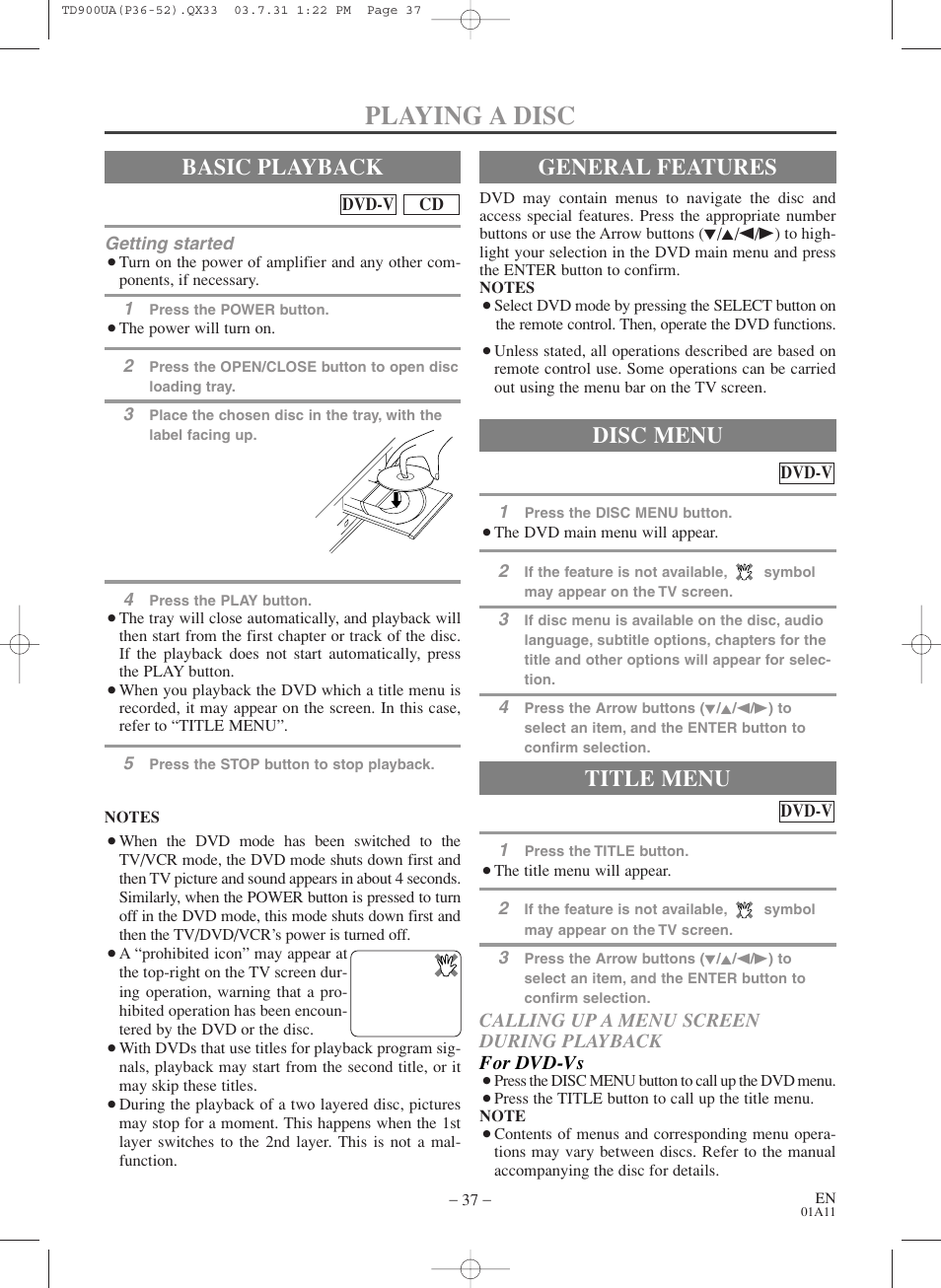 Playing a disc, Basic playback, General features | Title menu, Disc menu | Sylvania 6720FDD User Manual | Page 37 / 56