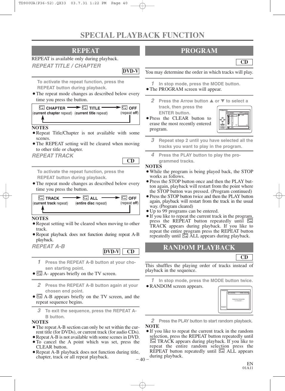 Special playback function, Repeat, Program | Random playback | Sylvania 6720FDD User Manual | Page 40 / 56