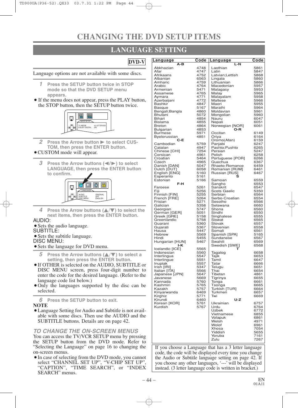 Changing the dvd setup items, Language setting, Dvd-v | Language options are not available with some discs, Custom mode will appear, Audio, Sets the audio language. subtitle, Sets the subtitle language. disc menu, Sets the language for dvd menu | Sylvania 6720FDD User Manual | Page 44 / 56