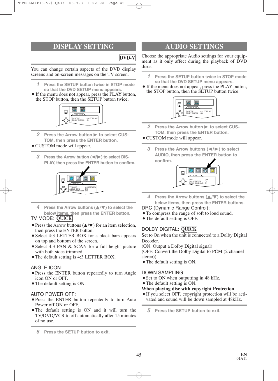 Audio settings, Display setting, Quick | Quick dvd-v | Sylvania 6720FDD User Manual | Page 45 / 56