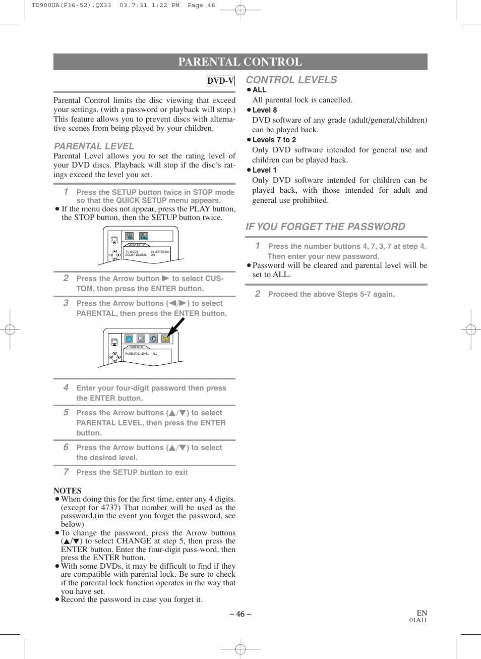 Parental control, Control levels, If you forget the password | Sylvania 6720FDD User Manual | Page 46 / 56