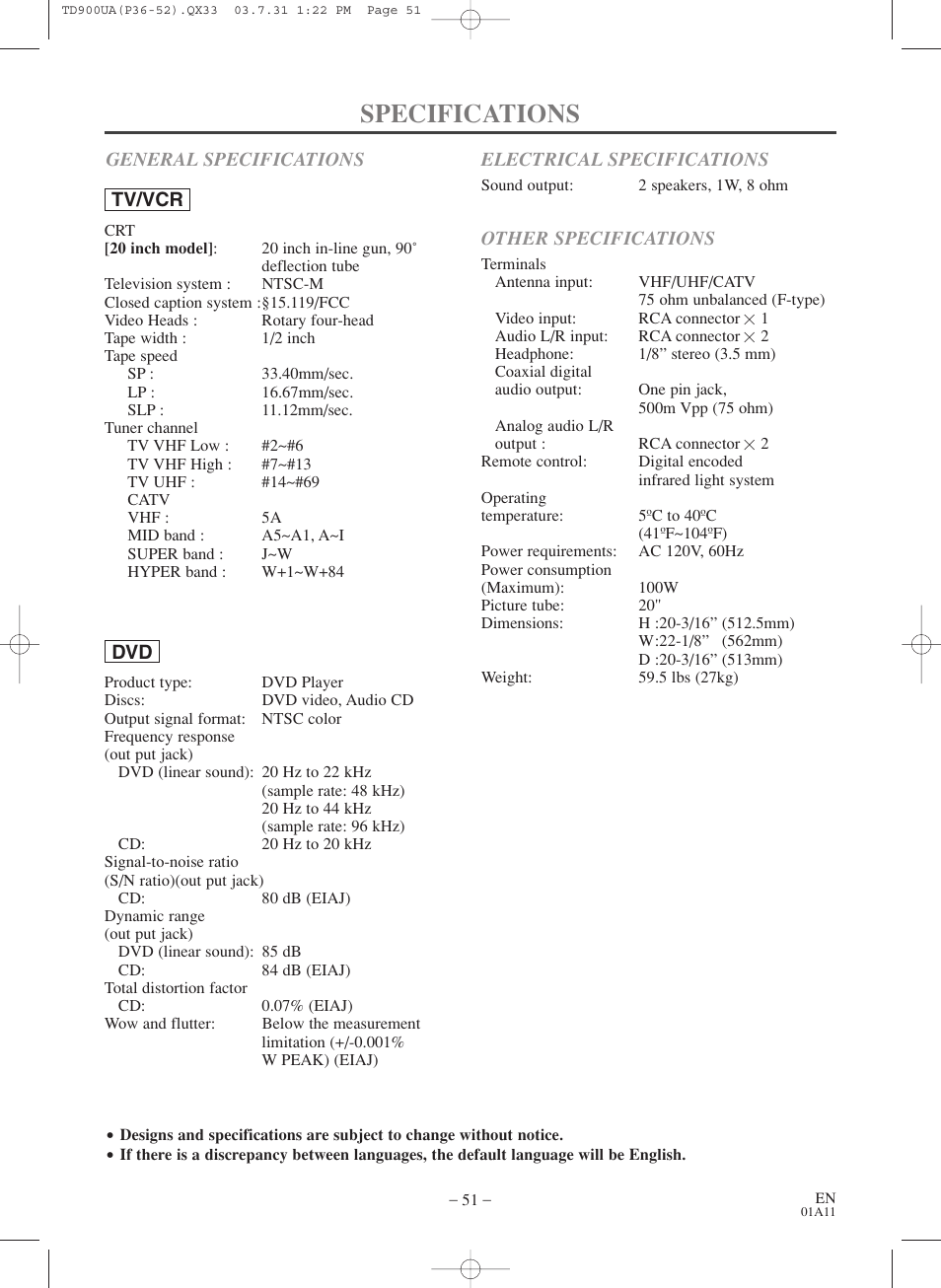 Specifications | Sylvania 6720FDD User Manual | Page 51 / 56