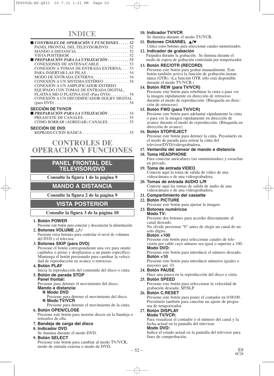 Indice, Controles de operación y funciones, Panel frontal del televisor/dvd | Mando a distancia, Vista posterior | Sylvania 6720FDD User Manual | Page 52 / 56