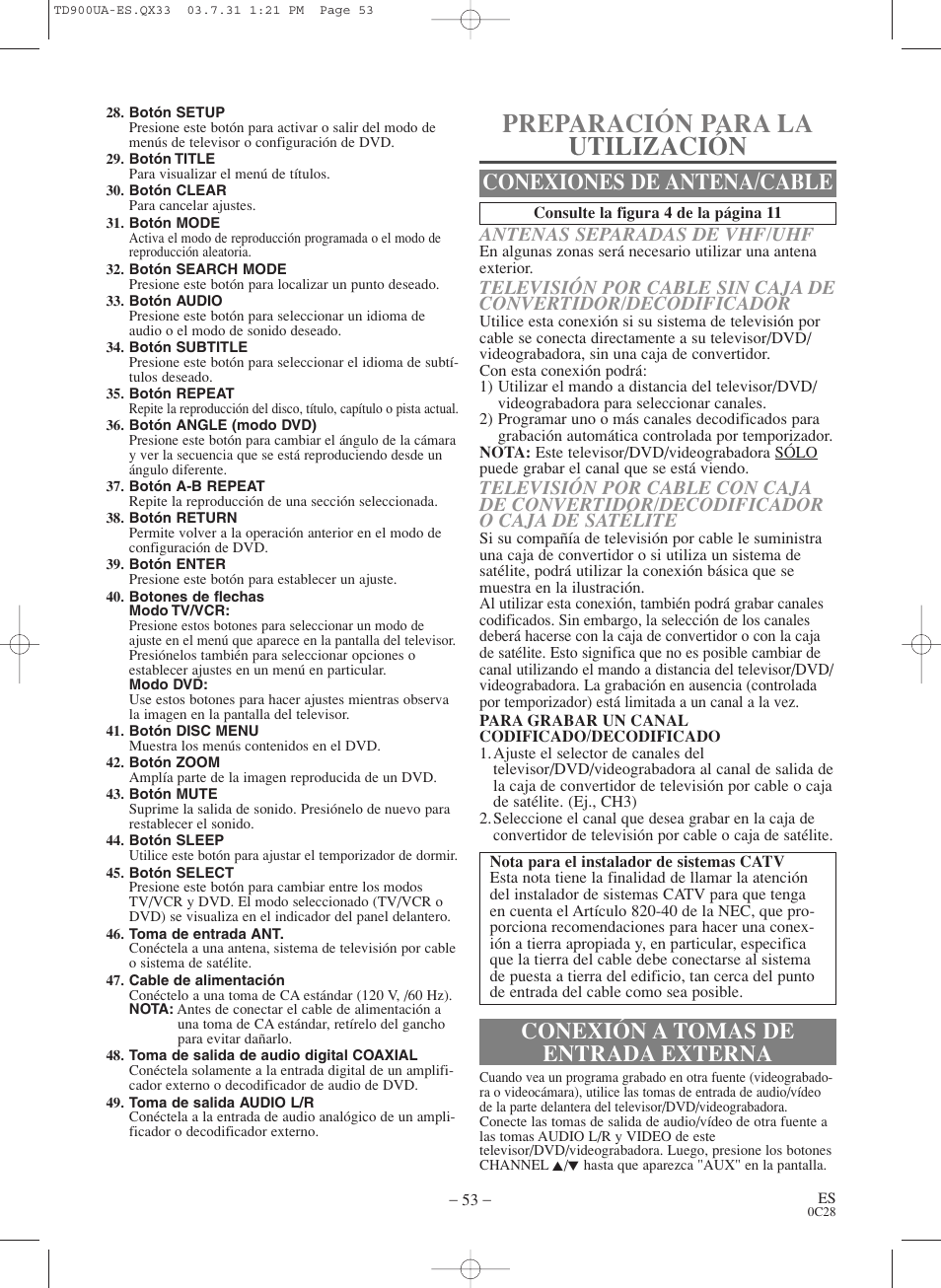 Preparación para la utilización, Conexiones de antena/cable, Conexión a tomas de entrada externa | Antenas separadas de vhf/uhf | Sylvania 6720FDD User Manual | Page 53 / 56