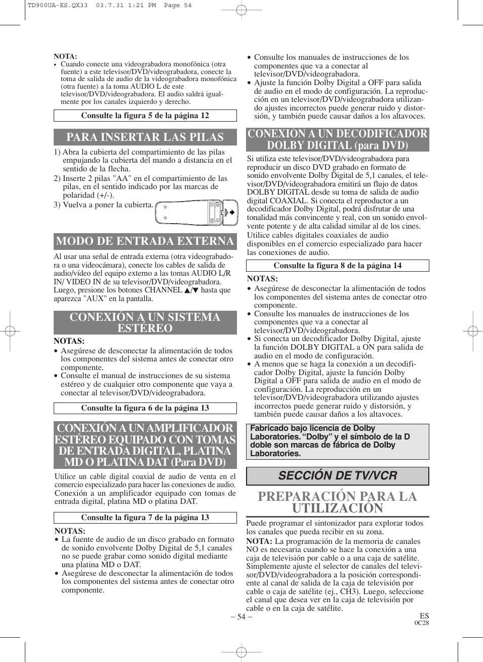 Preparación para la utilización, Sección de tv/vcr, Modo de entrada externa | Sylvania 6720FDD User Manual | Page 54 / 56
