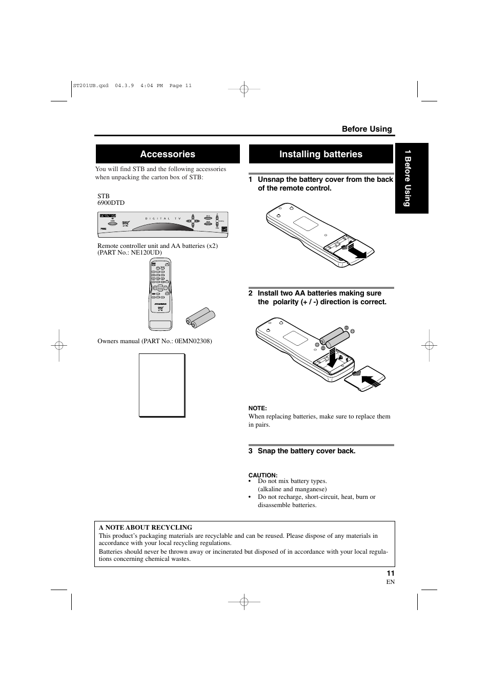 Installing batteries, Accessories | Sylvania 6900DTD User Manual | Page 11 / 96