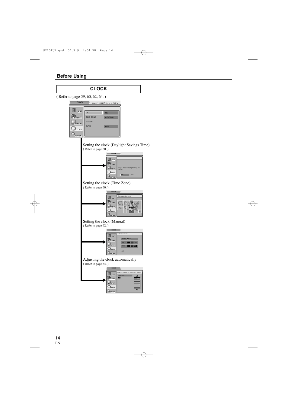 Before using, Clock, 1a23 | Refer to page 60. ) | Sylvania 6900DTD User Manual | Page 14 / 96
