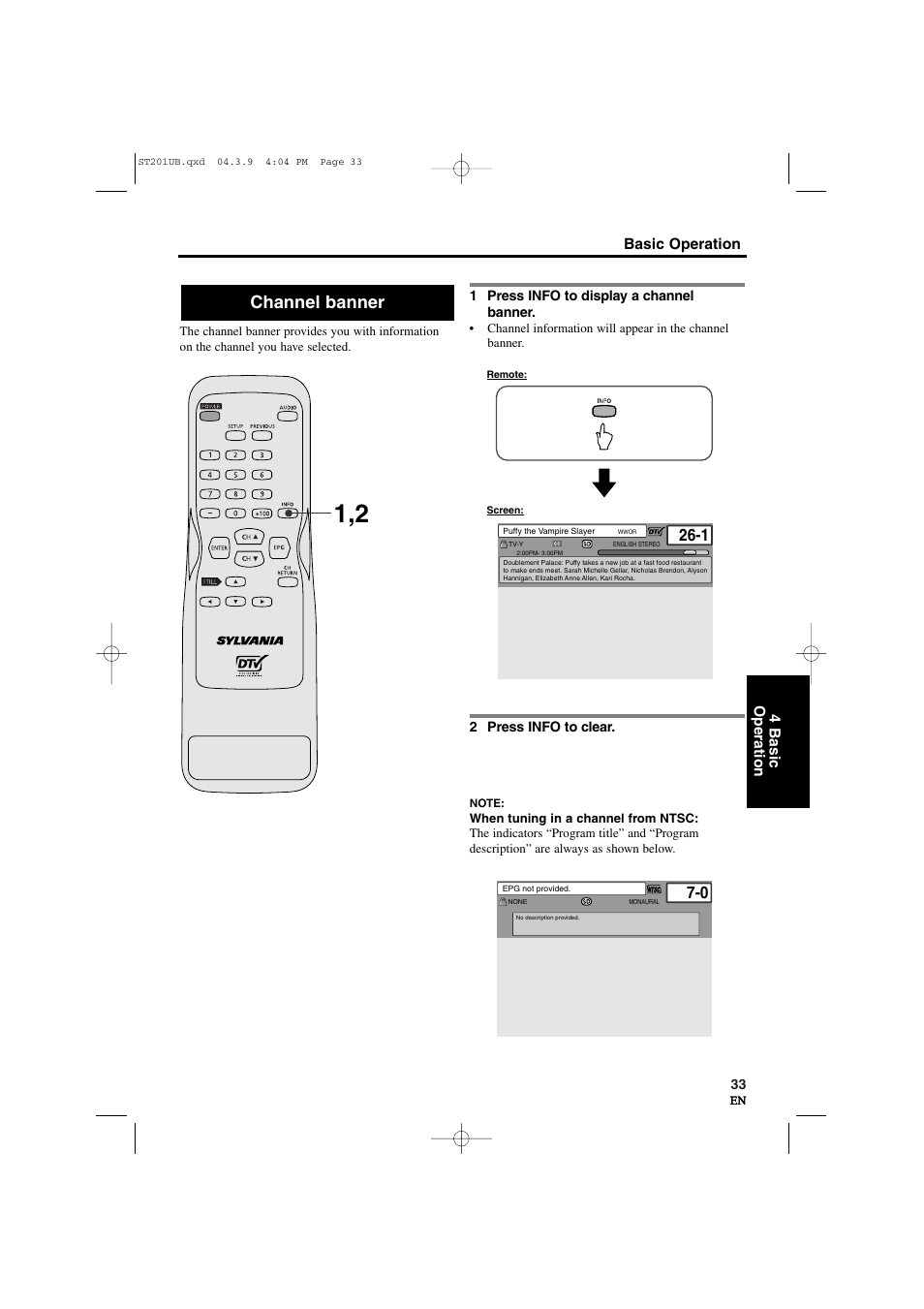 Channel banner, Basic operation 4 basic operation | Sylvania 6900DTD User Manual | Page 33 / 96