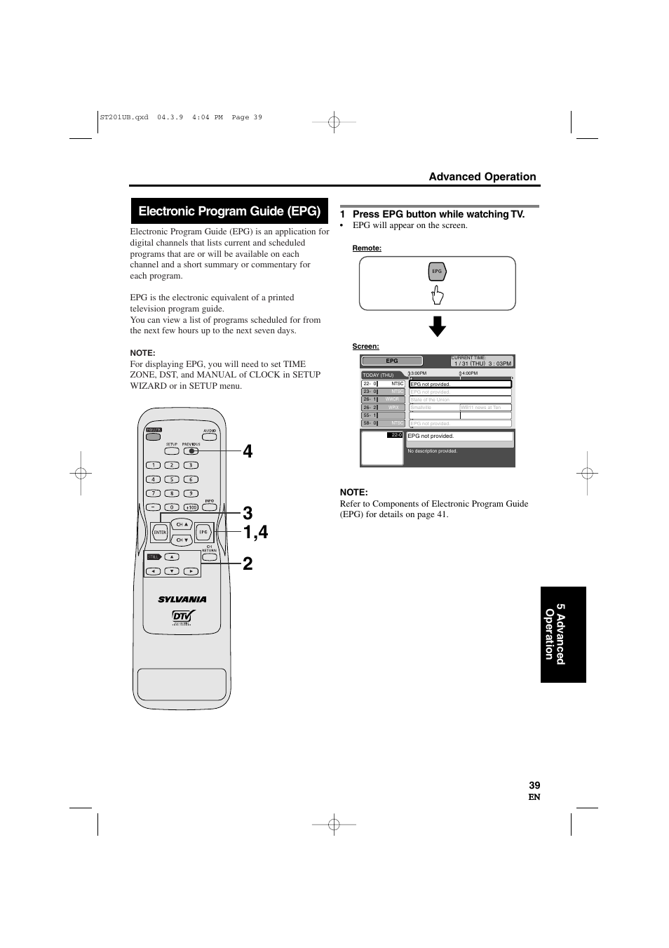 Electronic program guide (epg), Advanced operation 5 ad v anced operation, 1 press epg button while watching tv | Sylvania 6900DTD User Manual | Page 39 / 96