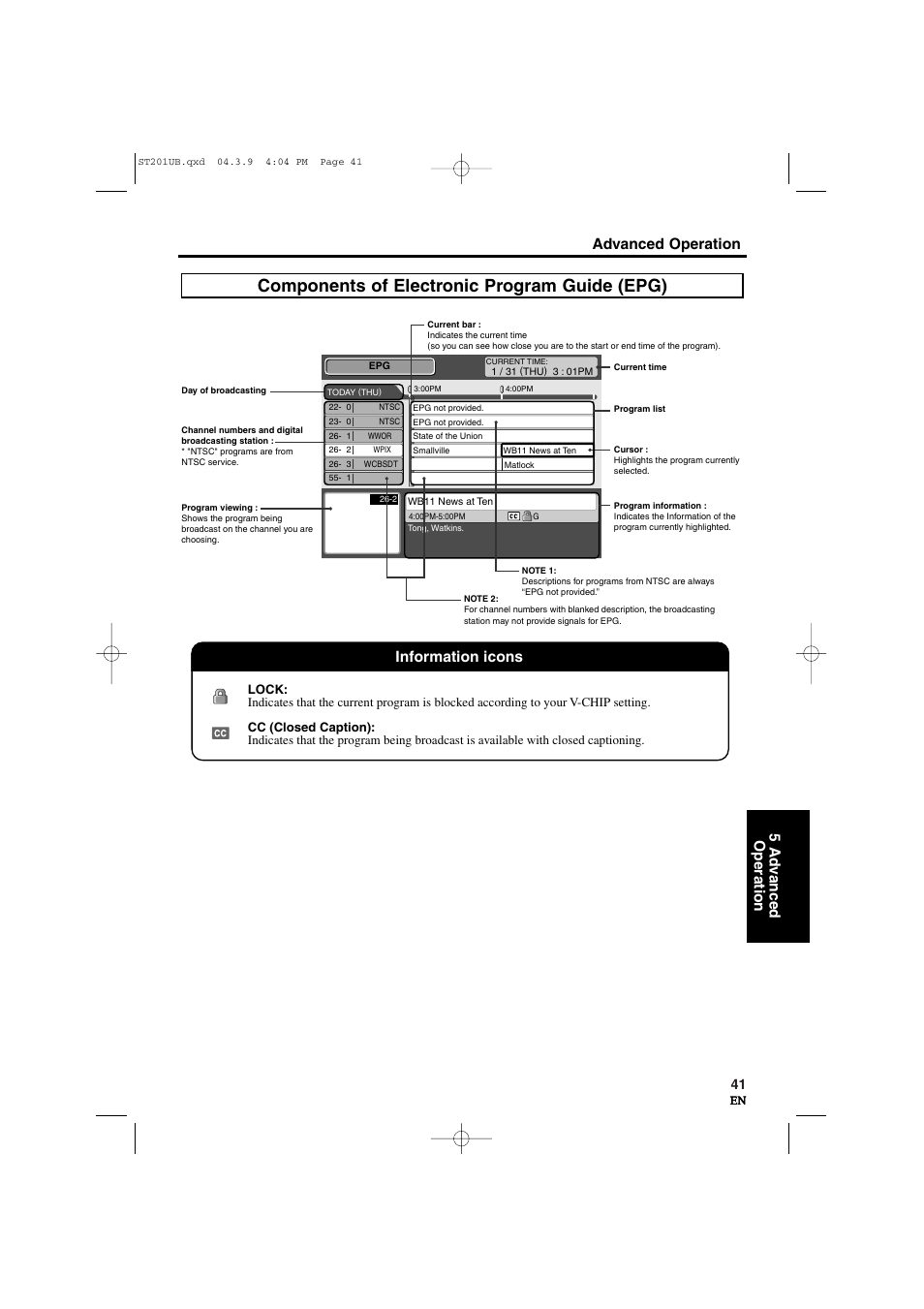 Components of electronic program guide (epg), Advanced operation 5 ad v anced operation, Information icons | Sylvania 6900DTD User Manual | Page 41 / 96