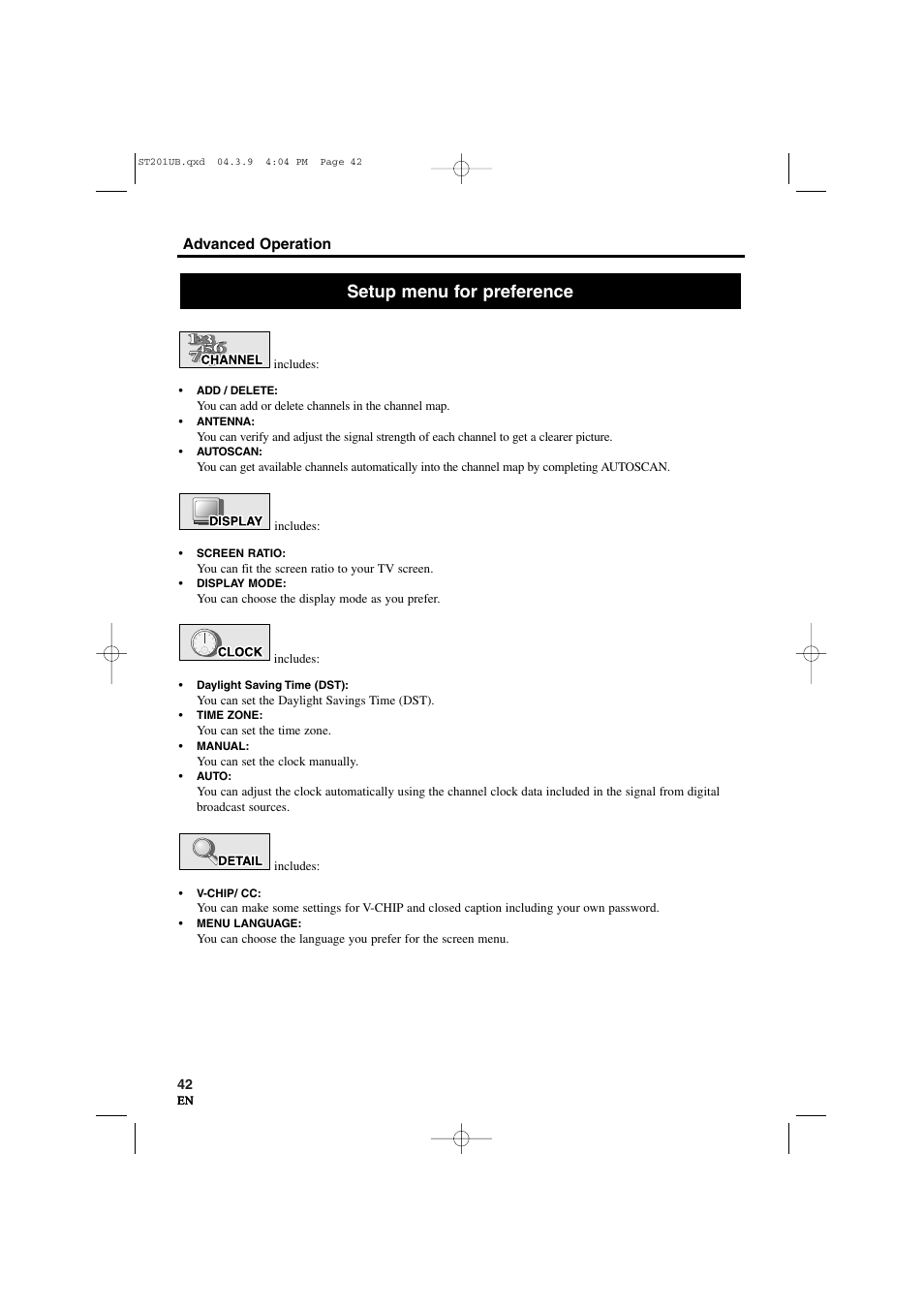 Setup menu for preference | Sylvania 6900DTD User Manual | Page 42 / 96