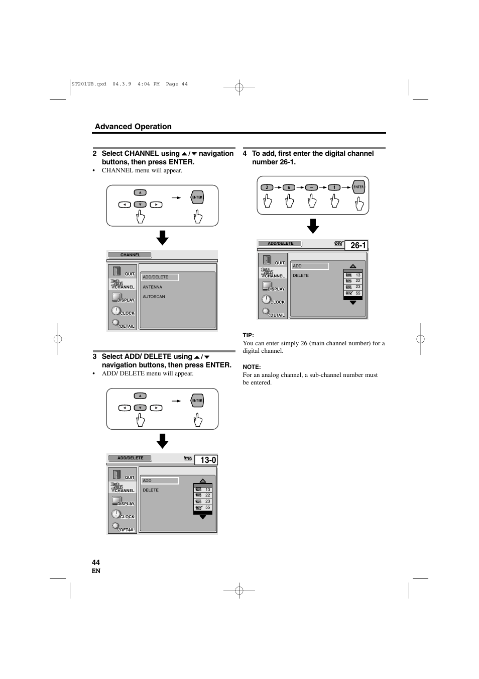 Advanced operation, 2 select channel using, Navigation buttons, then press enter | 3 select add/ delete using | Sylvania 6900DTD User Manual | Page 44 / 96
