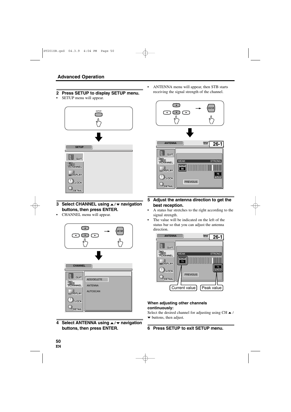 Advanced operation, 2 press setup to display setup menu, 3 select channel using | Navigation buttons, then press enter, 4 select antenna using, 6 press setup to exit setup menu | Sylvania 6900DTD User Manual | Page 50 / 96