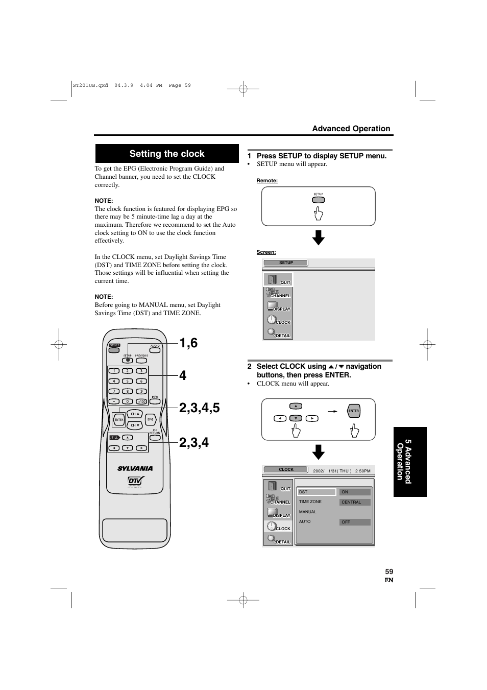 Setting the clock | Sylvania 6900DTD User Manual | Page 59 / 96