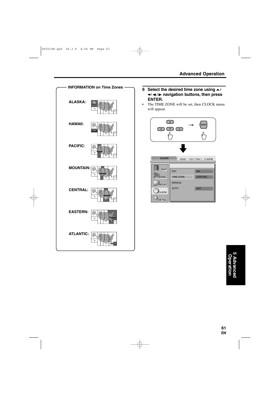 Advanced operation 5 ad v anced operation, 6 select the desired time zone using, Navigation buttons, then press enter | Sylvania 6900DTD User Manual | Page 61 / 96