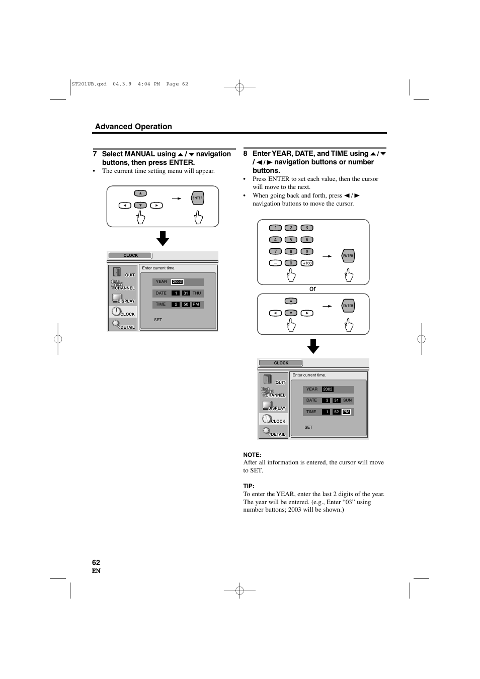 Advanced operation, 7 select manual using, Navigation buttons, then press enter | 8 enter year, date, and time using, Navigation buttons or number buttons | Sylvania 6900DTD User Manual | Page 62 / 96