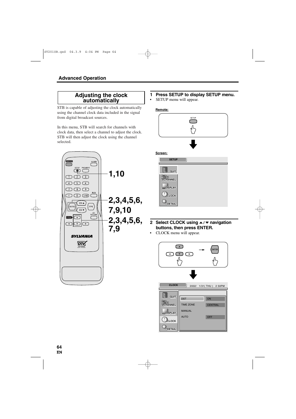 Adjusting the clock automatically, Advanced operation | Sylvania 6900DTD User Manual | Page 64 / 96