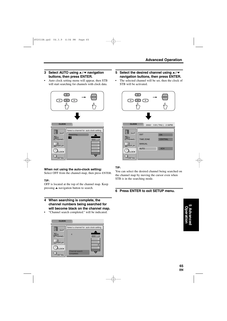Advanced operation 5 ad v anced operation, 3 select auto using, Navigation buttons, then press enter | 5 select the desired channel using, 6 press enter to exit setup menu | Sylvania 6900DTD User Manual | Page 65 / 96