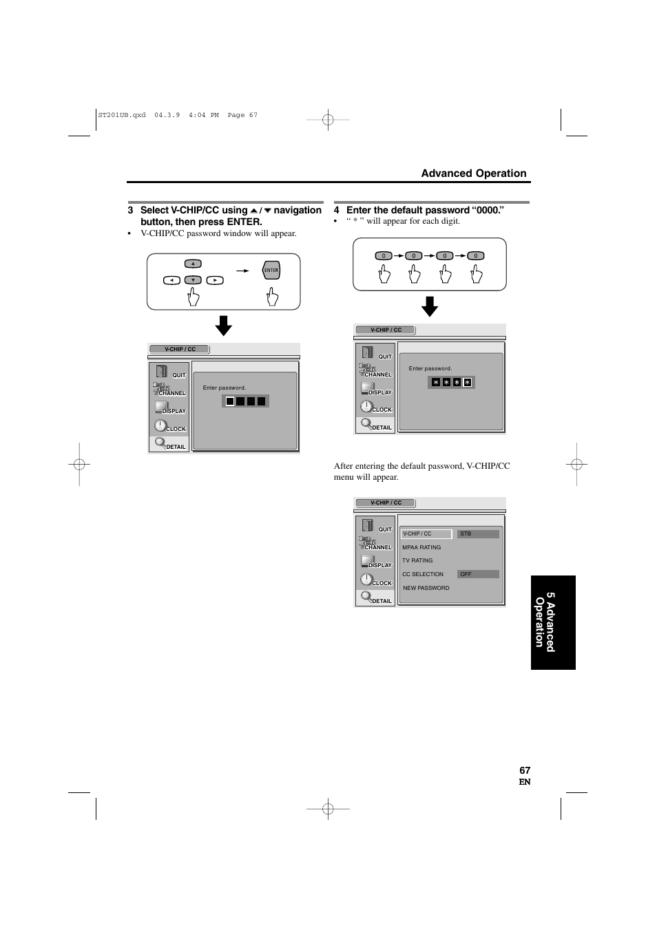 Advanced operation 5 ad v anced operation, 3 select v-chip/cc using, Navigation button, then press enter | Sylvania 6900DTD User Manual | Page 67 / 96