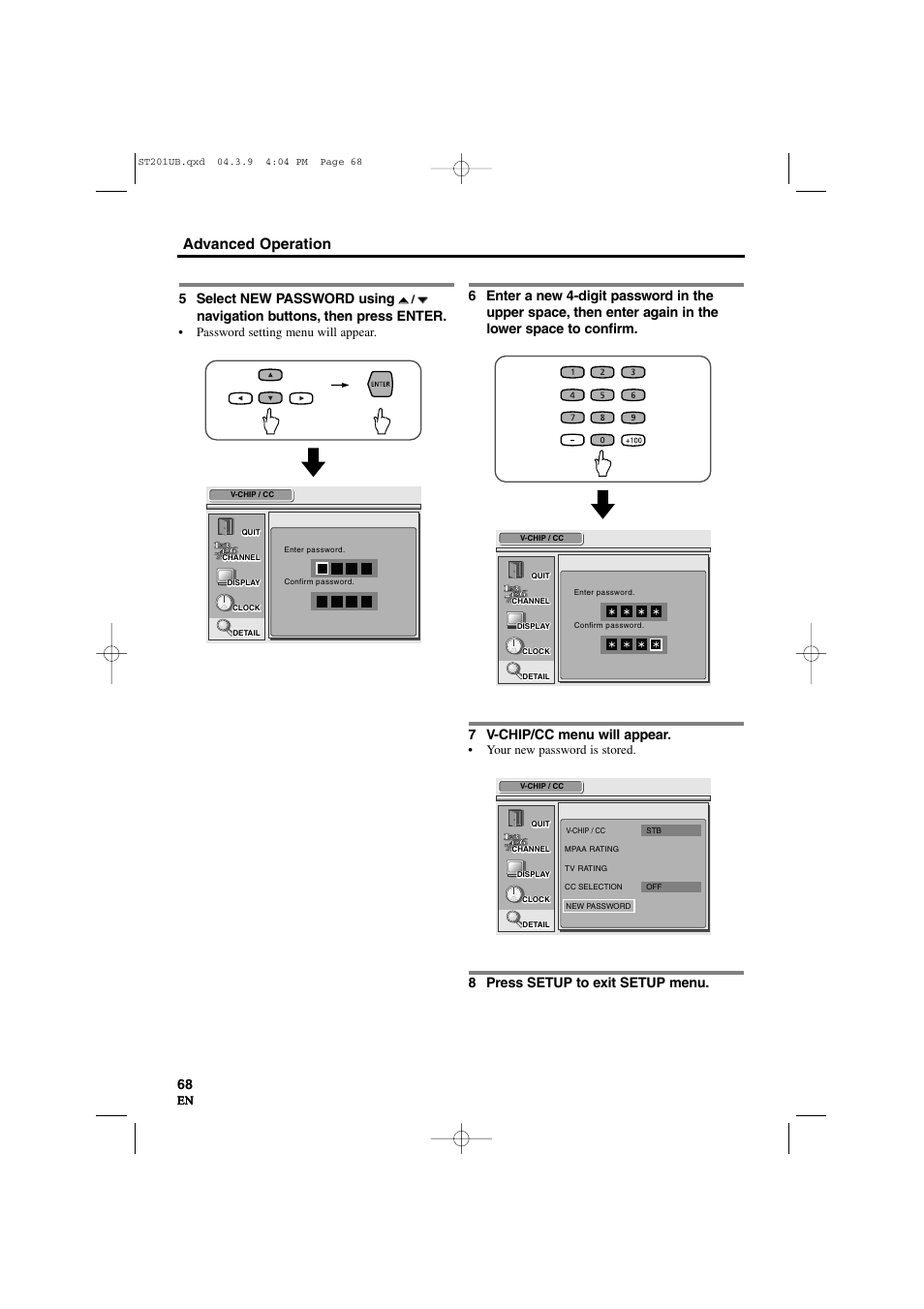 Advanced operation, 5 select new password using, Navigation buttons, then press enter | 8 press setup to exit setup menu | Sylvania 6900DTD User Manual | Page 68 / 96