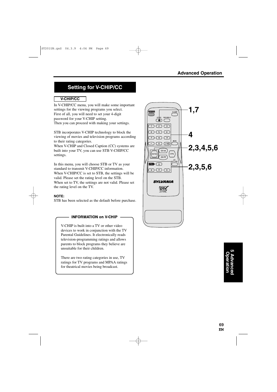 Setting for v-chip/cc | Sylvania 6900DTD User Manual | Page 69 / 96