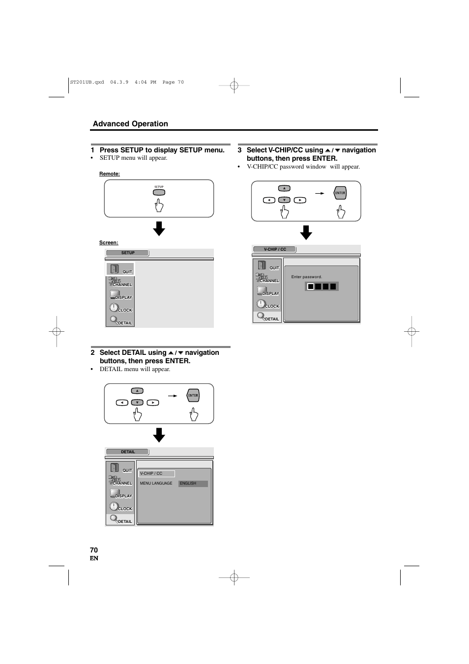 Advanced operation, 1 press setup to display setup menu, 2 select detail using | Navigation buttons, then press enter, 3 select v-chip/cc using | Sylvania 6900DTD User Manual | Page 70 / 96