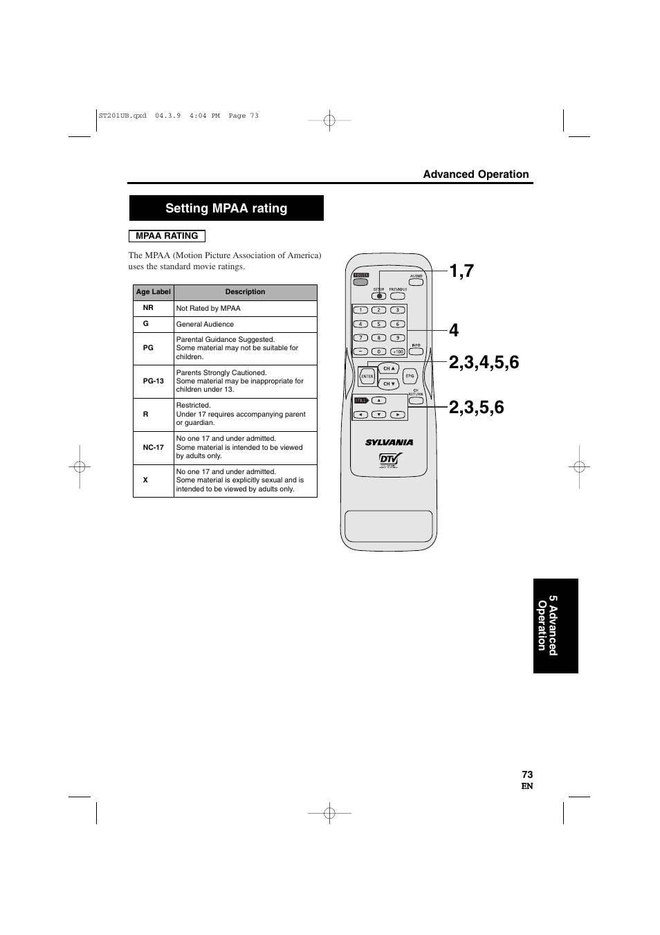Setting mpaa rating | Sylvania 6900DTD User Manual | Page 73 / 96