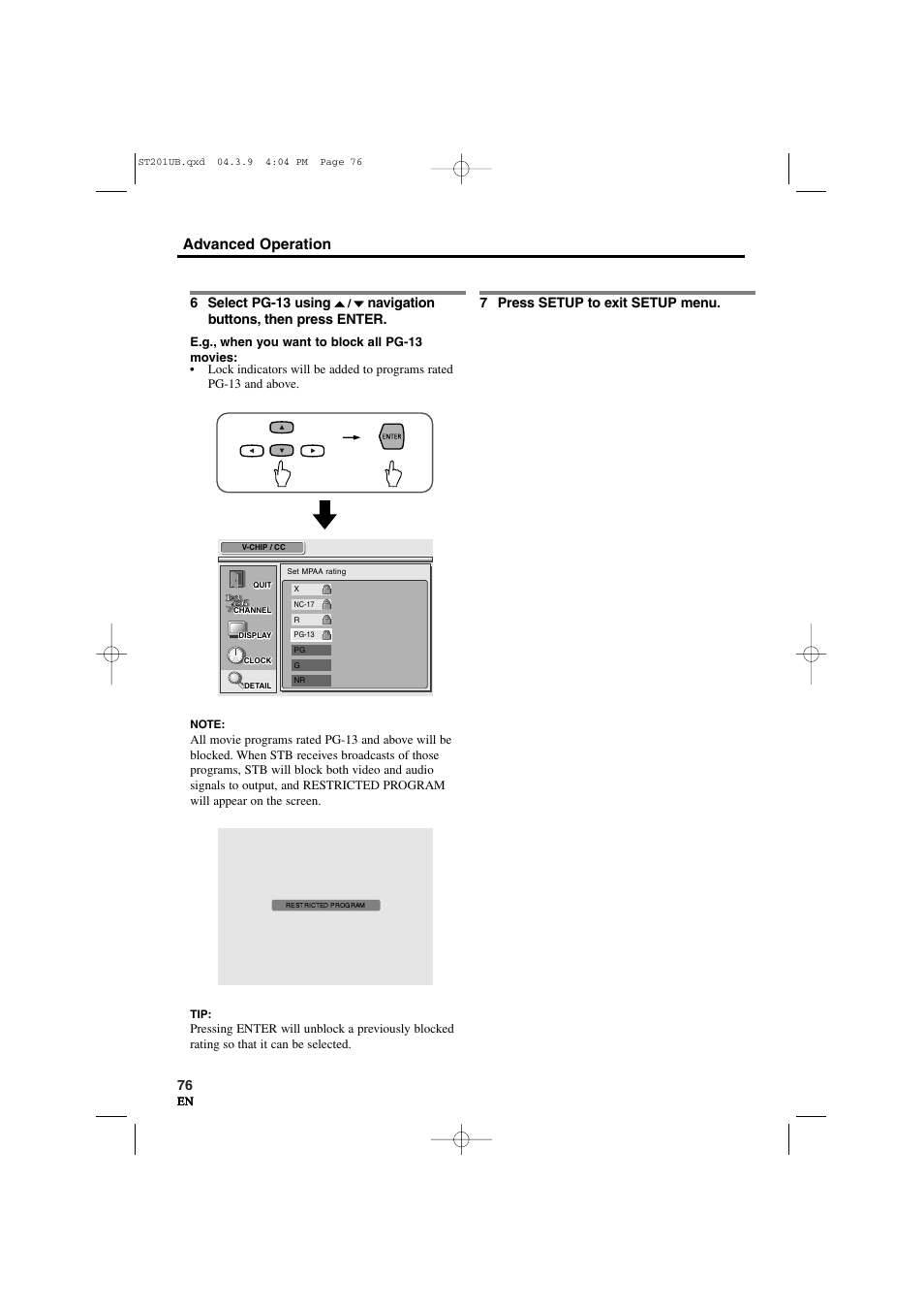 Advanced operation, 6 select pg-13 using, Navigation buttons, then press enter | 7 press setup to exit setup menu | Sylvania 6900DTD User Manual | Page 76 / 96