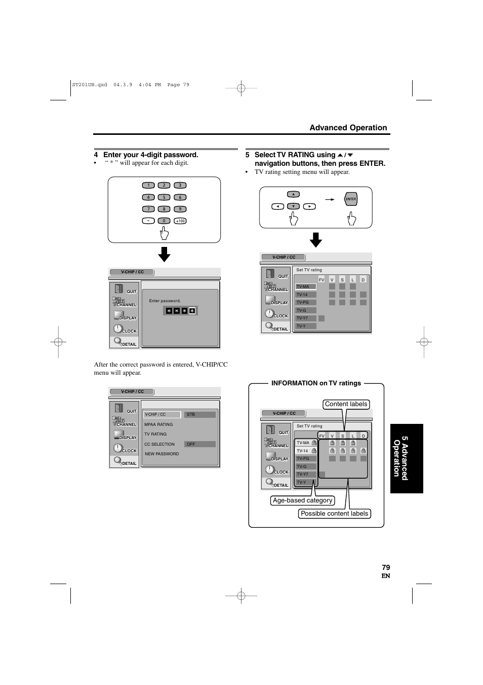 Advanced operation 5 ad v anced operation, 4 enter your 4-digit password, 5 select tv rating using | Navigation buttons, then press enter | Sylvania 6900DTD User Manual | Page 79 / 96