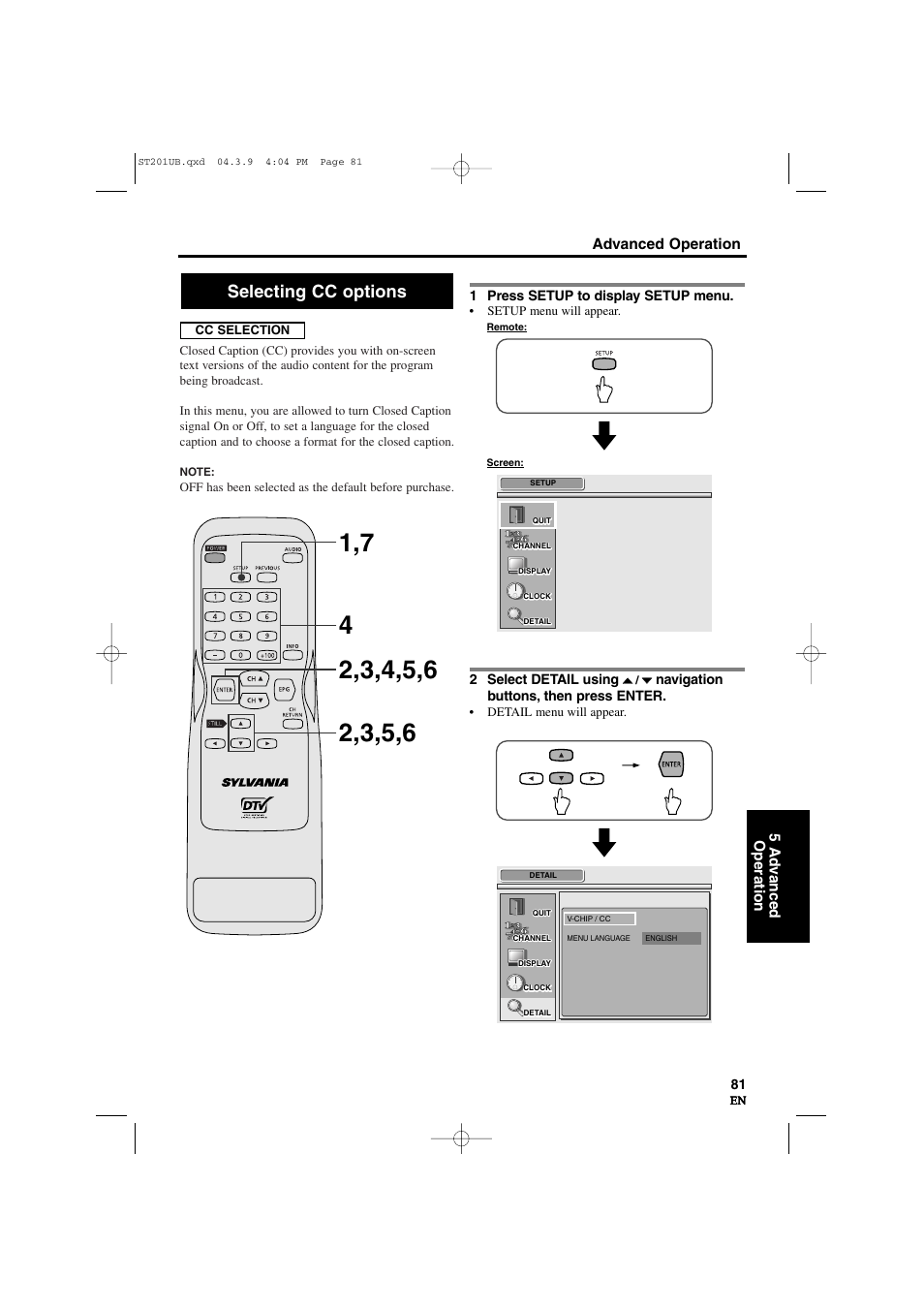 Selecting cc options | Sylvania 6900DTD User Manual | Page 81 / 96