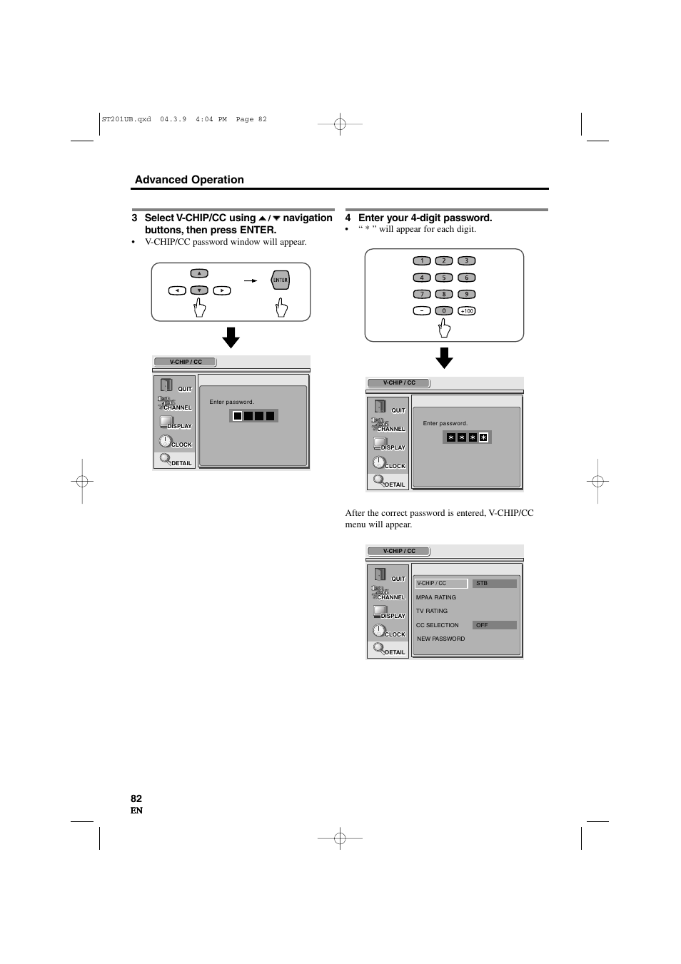 Advanced operation, 3 select v-chip/cc using, Navigation buttons, then press enter | 4 enter your 4-digit password | Sylvania 6900DTD User Manual | Page 82 / 96