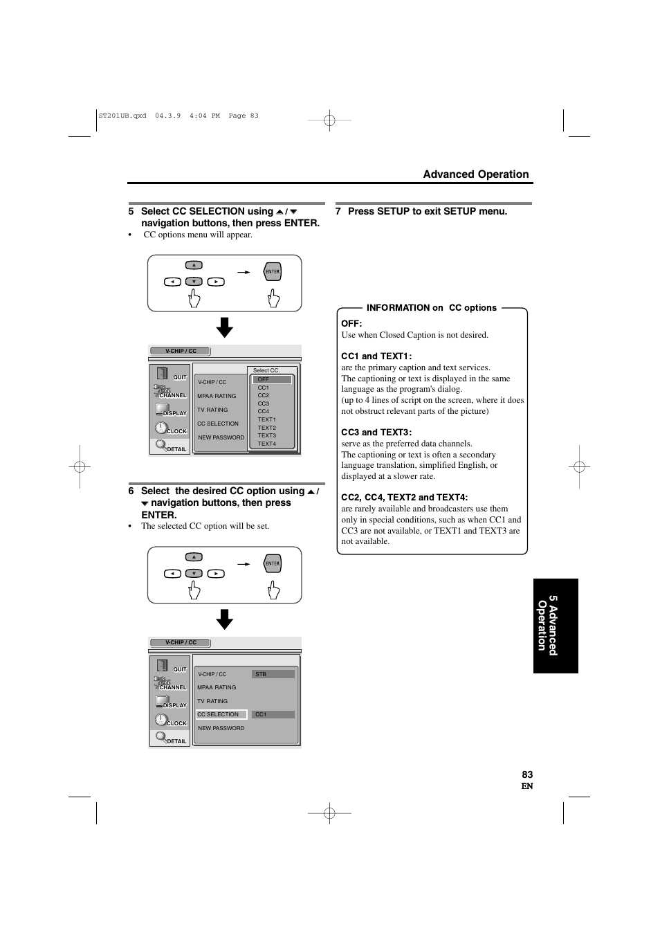 Advanced operation 5 ad v anced operation, 5 select cc selection using, Navigation buttons, then press enter | 6 select the desired cc option using, 7 press setup to exit setup menu | Sylvania 6900DTD User Manual | Page 83 / 96