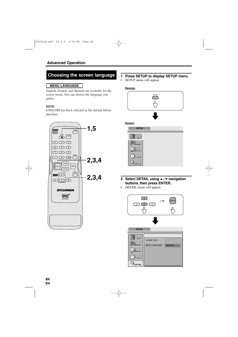 Choosing the screen language | Sylvania 6900DTD User Manual | Page 84 / 96