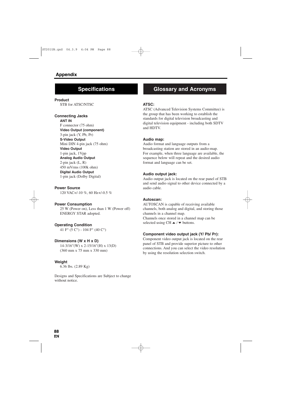 Glossary and acronyms specifications | Sylvania 6900DTD User Manual | Page 88 / 96